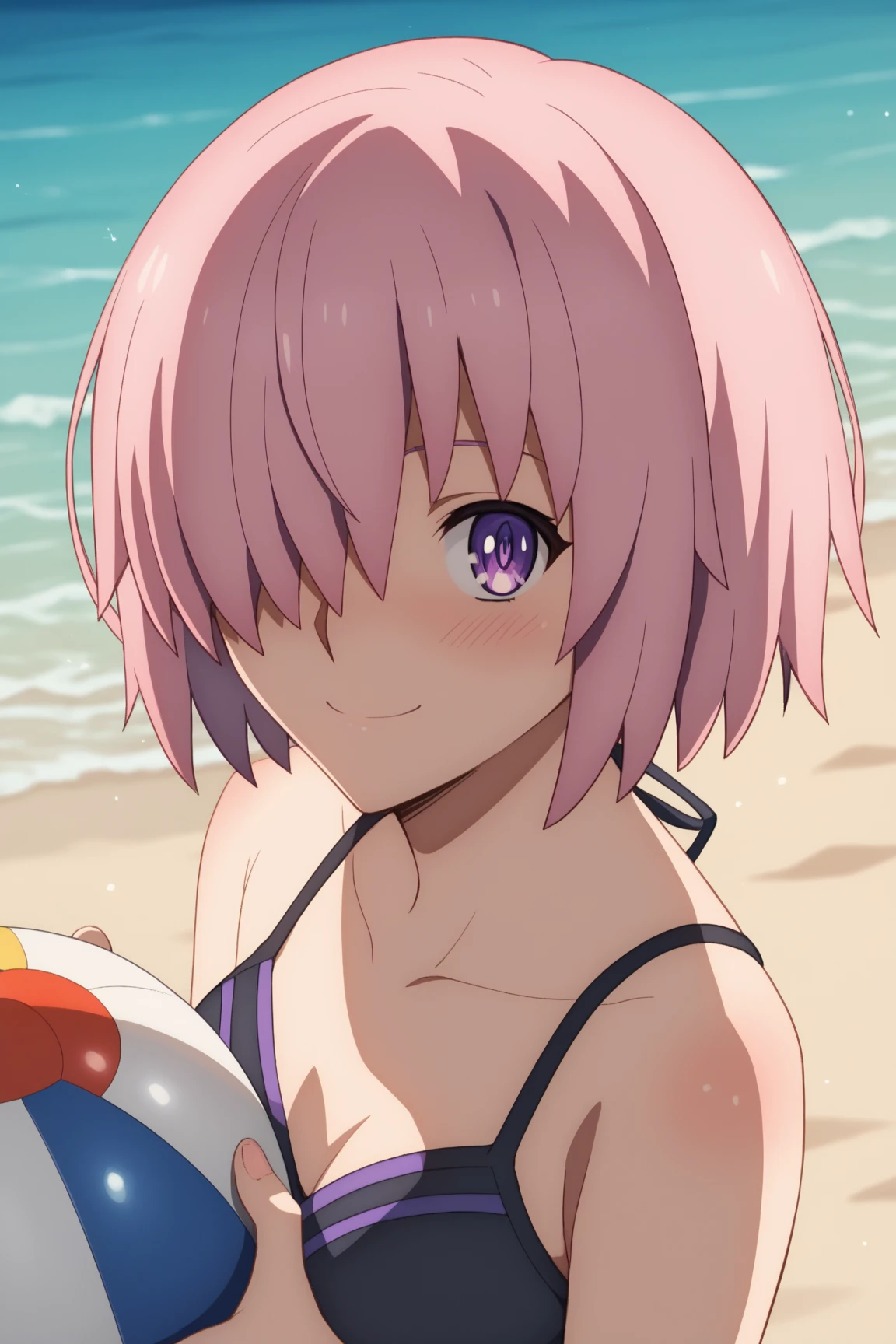 Ultima、Good looking girl (blush, Perfect Face), independent , Looking at the camera, masterpiece, Anime art style, Cute Characters, Most detailed, high quality、Nico Nico Smile、Swimwear、Coming to the sea、Showing armpits