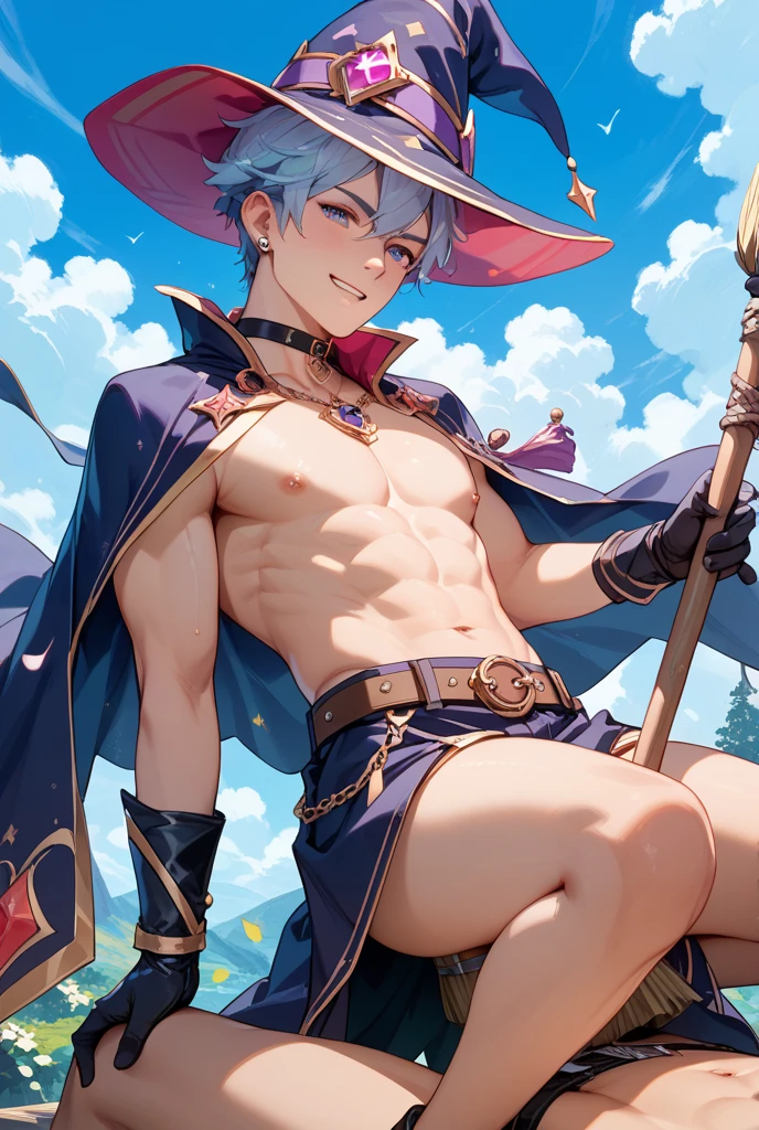 1boy, portrait of a human male wizard,completely nude,
bara, (penis:1.05),(frenulum,glans,testicles,erection:1.06) , staff, muscular man, cowboy shot, frontal view,facing viewer,straight on,full frontal, looking at viewer,male focus, male only,masterpiece,best quality,detailed, beard, short hair, mature male, game_cg, standing , intricate detail,smooth,
fantasy, magic, casting a spell, arcane, detailed background, epic,
a young wizard stands tall with his staff held high, conjuring an array of magical energies around him. He is naked, and wears a pointed hat adorned with a golden emblem. His youthful face is filled with determination, as he focuses his magical energy onto his staff. In one hand, he holds a glowing orb of arcane energy, while in the other hand, he wields his staff, which crackles with lightning. The background is a fantastical landscape filled with lush greenery, cascading waterfalls, and majestic mountains, all illuminated by a warm, golden sun,
<hypernet:EasyNegative:1>, <lora:animemalet-000014:.85> <lora:animePenisLORA_animePenisV3:.25>