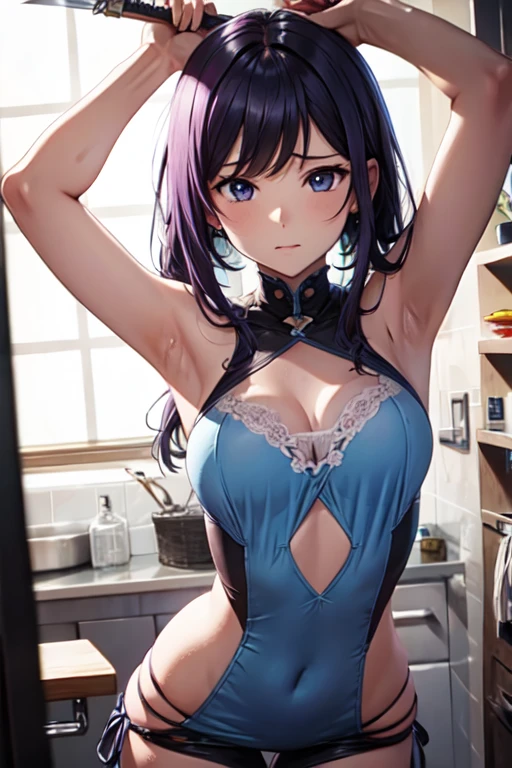 Anime girl in blue lingerie in the kitchen with sink and counter, ((masutepiece)), ((Best Quality)), 8K, detaileds, Ultra-detailed, Detailed and Intricicated, 1girl in, bob cuts, in one's underwear only, Light blue lingerie, Staring at me shyly, dark brown hair, swept bangs, long hair, wavy hair, shiny hair, hairclip, hair bun, aqua eyes, (gradient eyes:1.3), glowing eyes, pupils sparkling, blush, bright pupils, glossy lips, cute face, slim waist, shapely legs, beautiful thighs, whole body, 