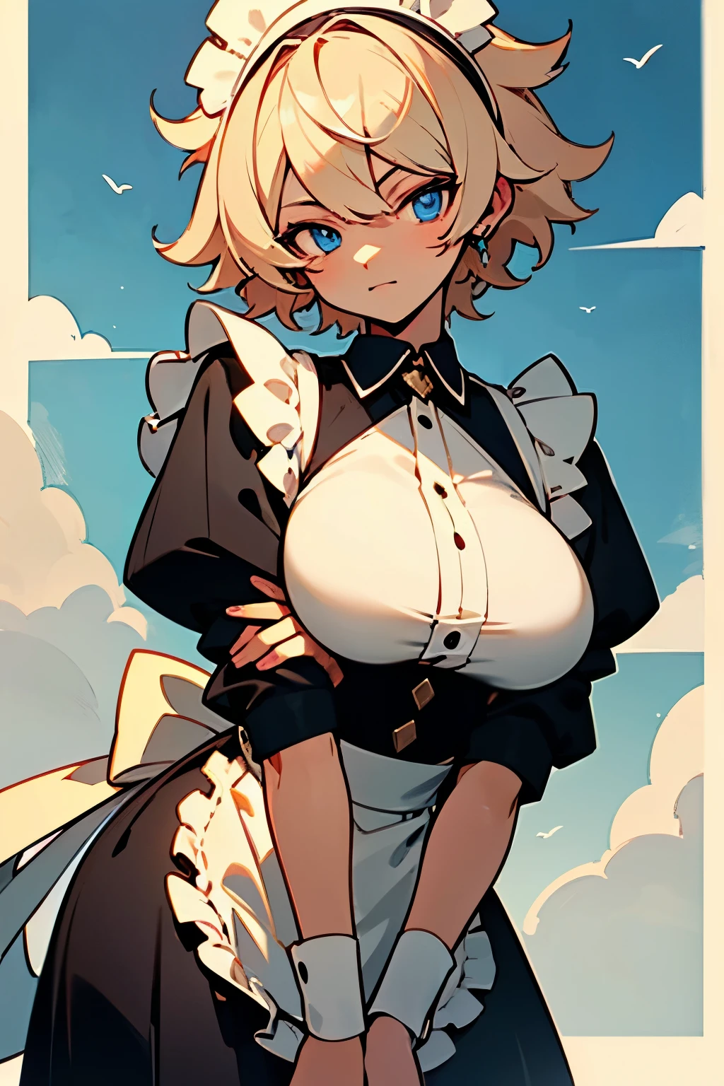 ((best quality)), ((masterpiece)), (detailed), perfect face, tanned, tomboy, short hair, maid, Sky Blue eyes, cream_hair_color, colored_skin, Big_breasts, crover bangs hair, closed_mouth, cool, tall, straight hair