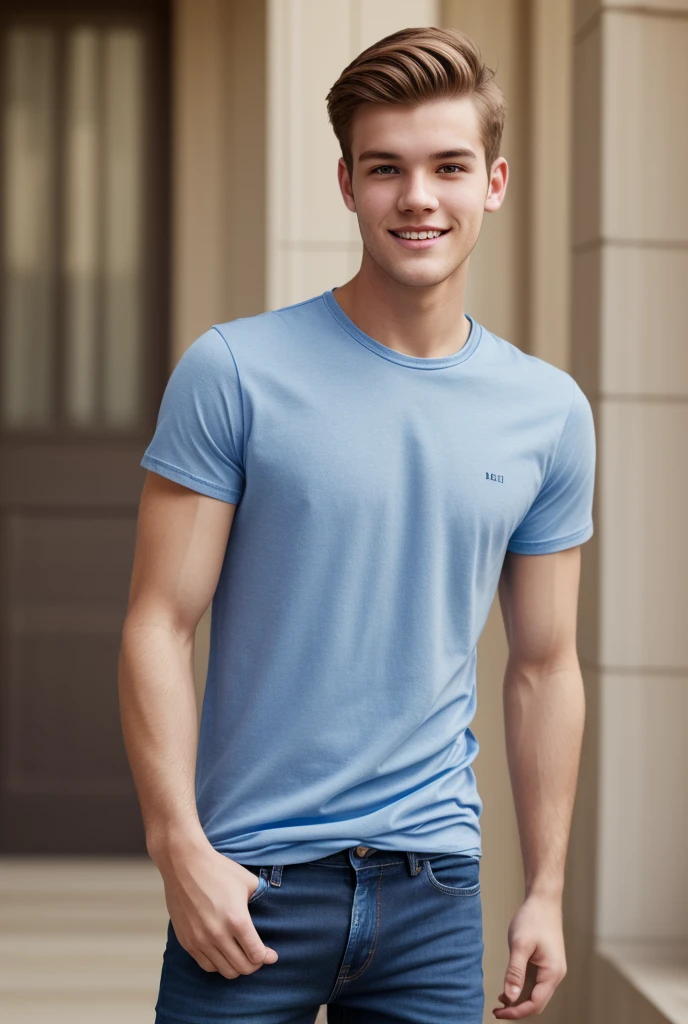 Detailed CG Unity 8K Wallpapers,masutepiece, Best Quality, Ultra-detailed), Gray background, 25-year-old man living in Europe, 25 year old male, light-browned hair, blue eyes, pale skin, casual clothes, colorful clothes, masculine posture