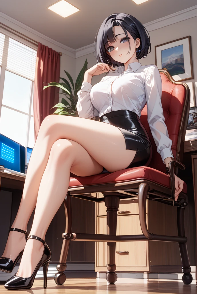 1 girl, glasses, (full body:1.2), sitting, (angle from below:1.1), (angle from the side:1.1), blush, (slim body:1.2), (huge breasts:1.3), (slender and long legs:1.1), black hair, short hair, white long sleeve shirt, pleated skirt, (black tights:1.1), black loafers,