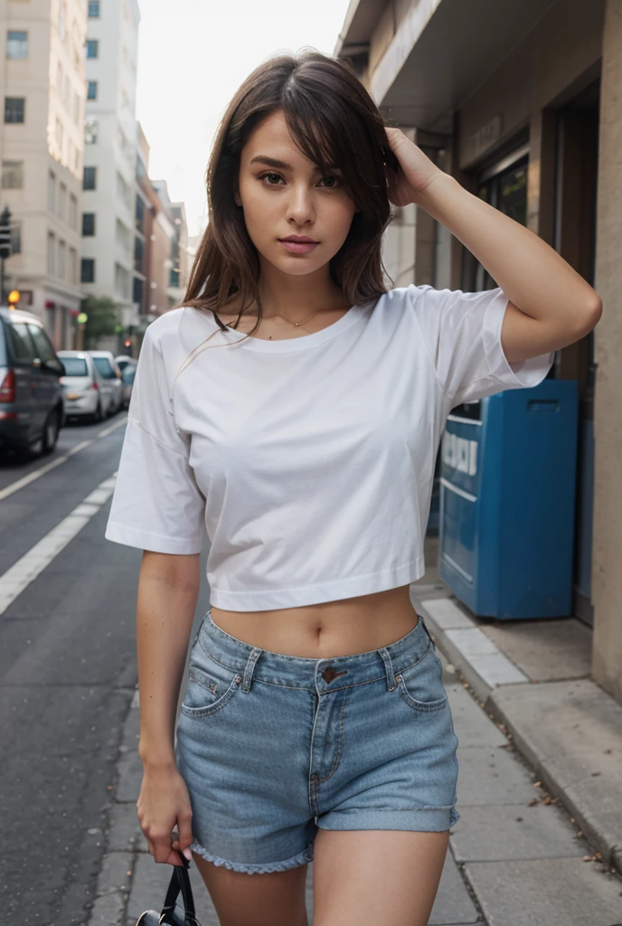 Mujer en ropa casual,sexy, cuerpo tonificado, chica sexy, Parece realista, Medio rosa,l, (rostro detallado) foto realista, en la ciudad, calle mojada, xoaeriel, a beautiful woman with wavy brown hair, ojos grande, ojos mas azules, nariz redonda,retrato de sophie mudd,isabela moner,cerveza madison, ilya kuvshinov con pelo largo, con cara linda - fina