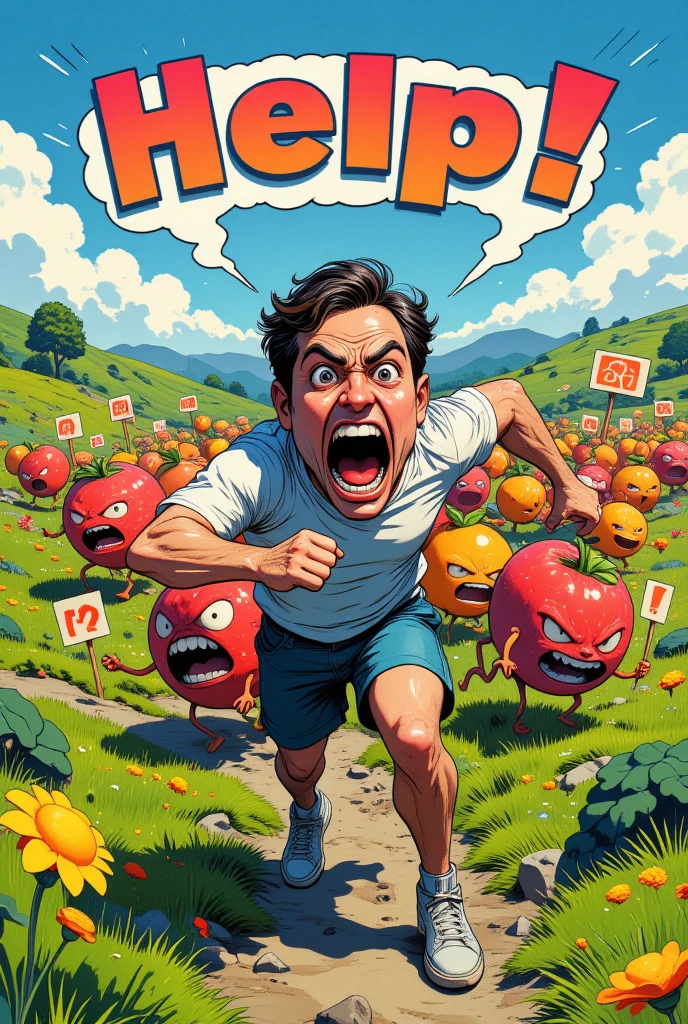 Layer 1 (The main focus is the Fleeing Guy): Depict a caricature of a man running in panic, with an exaggerated, comical expression of fear and wide-open, bulging eyes. His limbs should swing in all directions, emphasizing his desperate attempt to escape. A man should be dressed in simple casual clothes such as a T-shirt, shorts, and sneakers, with exaggerated pleats and lines of movement to show off his frenetic movements. His mouth should be wide open, he should shout "Help!" in large, bold text in the style of comics, which bends in time with the movements of his body.  Layer 2 (Fruit Swarm): A person must be chased by a large cartoon fruit swarm. Fruits should be drawn in a simplified, playful style, with big eyes and an angry expression, complemented by buzzing lines of movement. The swarm should be dense and intimidating, but at the same time maintain a cheerful, carefree atmosphere. Some fruits may hold small signs with symbols such as exclamation marks or angry faces in their hands to enhance the humorous mood.  Layer 3 (Background and decorations): The background should be a simple, bright, open field with green hills and a clear blue sky. Add some cartoon elements like fluffy white clouds, a bright sun with a friendly face, and maybe a couple of playful flowers or trees with exaggerated features. The setting should be bright and cheerful, contrasting with the insane flight of mana and adding an overall humorous tone to the scene., high quality, clear focus, mirror photography, UHD, 8k, high resolution, intricate details.