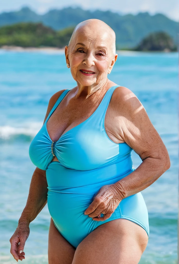 shot from side, a German woman, 78 years old, sexy makeup, chubby body, wearing sexy fashionable bikini, smiling, beautiful wrinkled skin, beautiful hair.