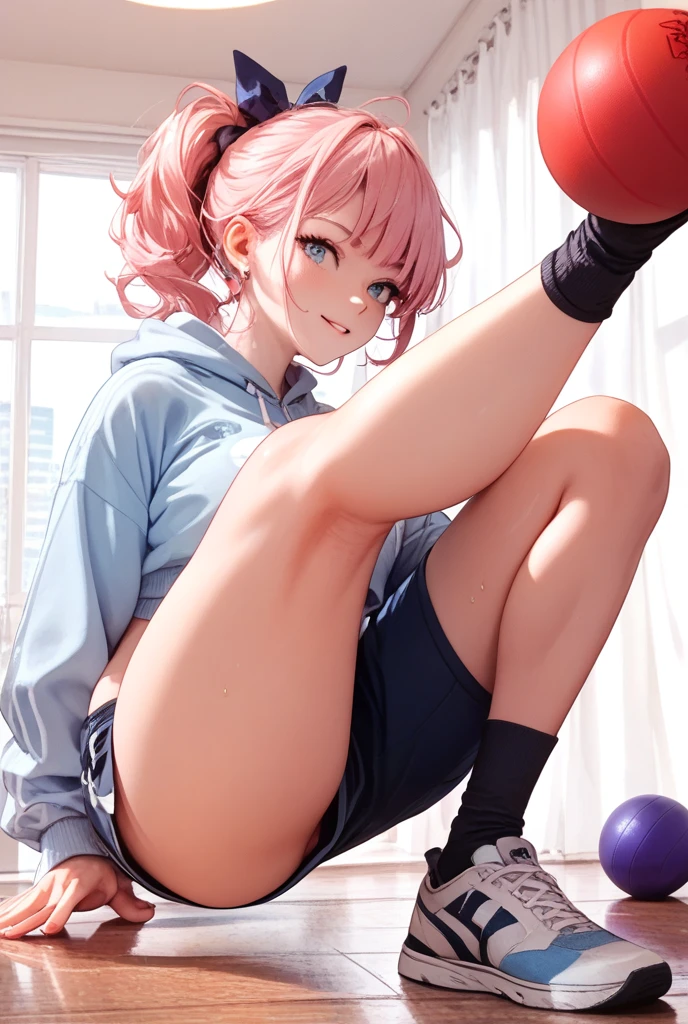 Pink Hair, Pink Eyes、girl、Small breasts、Hair Bun、girl、Small breasts、Lolita、Bright smile、Looks about 15 years old、Petan Musume、He is short、Eye highlights、Sexy thighs、room、Sportswear、Gymnastics