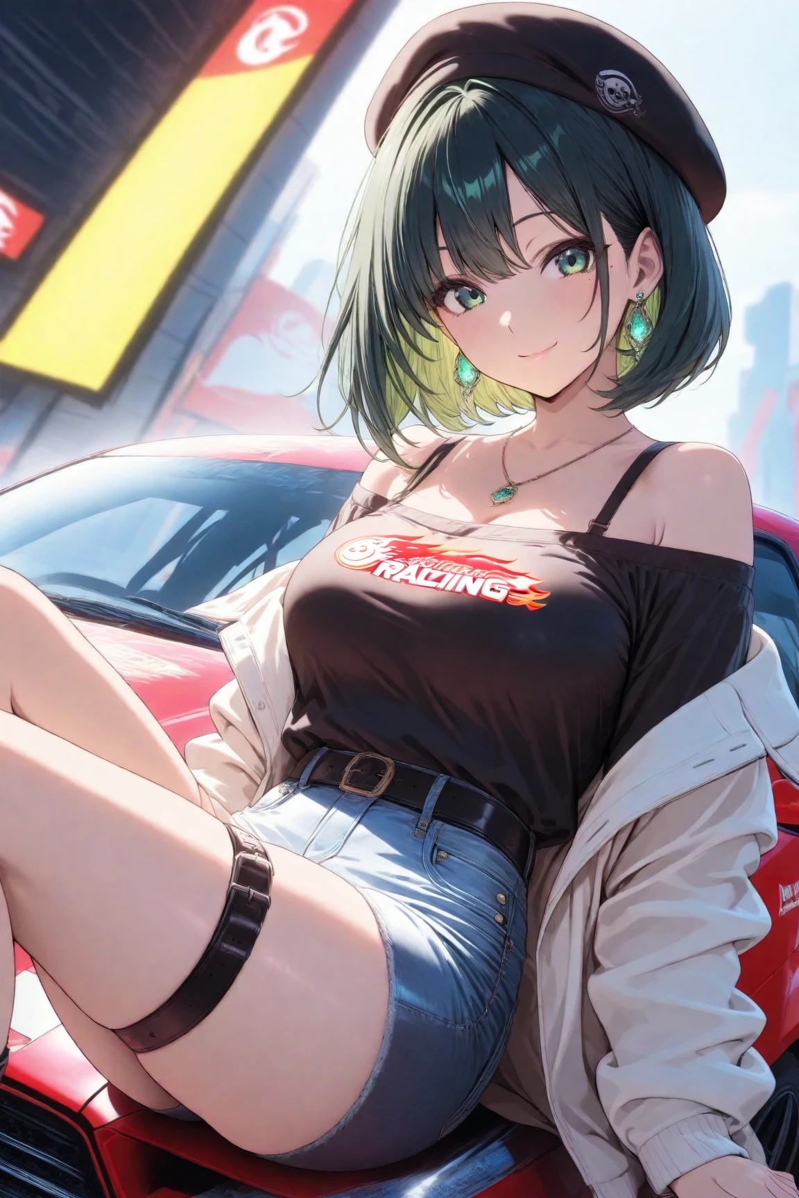 score_9, score_8_up, score_8, medium breasts, (curvy), cute, eyelashes, zzMarnie, ground vehicle, black footwear, sitting, car interior, black choker, red dress, looking at viewer, black jacket, long sleeves, sports car, cleavage, wristwatch, red socks, shoes, blurry background, open jacket, closed mouth, platform footwear, full body ,<lora:MarnieP3:0.8>, <lora:Vivid:0.7>, <lora:princess_xl_v2:0.6>, embedding:zPDXL,