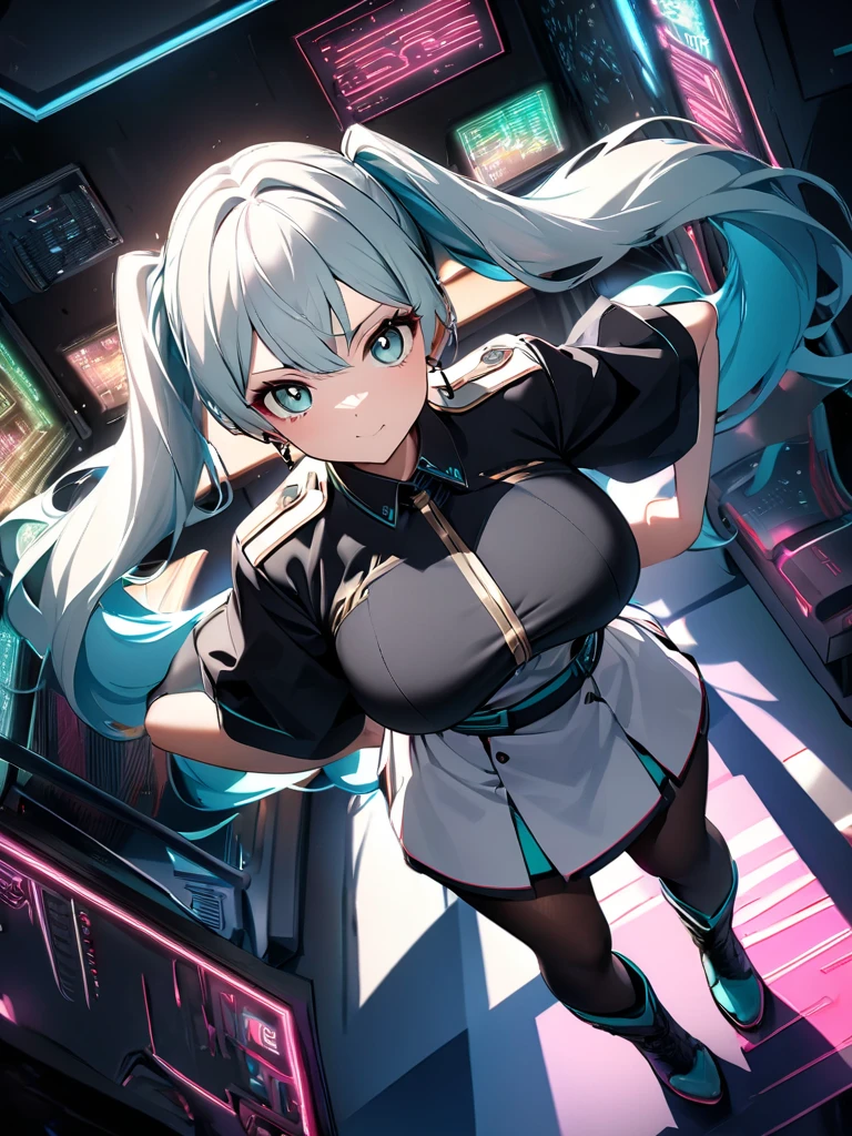very detailed、masterpiece、high quality、one high school girl、12 years old、Loli、(black and white space suit、accent)、front zipper、(Futuristic, Tight Fit Bodysuit)、headphone、Cyberpunk space station interior background、(colorful golden hair),ロングtwin tails, (blue eyes), change,twin tails,sassy change,cheey change,mesugaki,girl,天才girl、(big breast):1.0,(blush):1.1、halo、