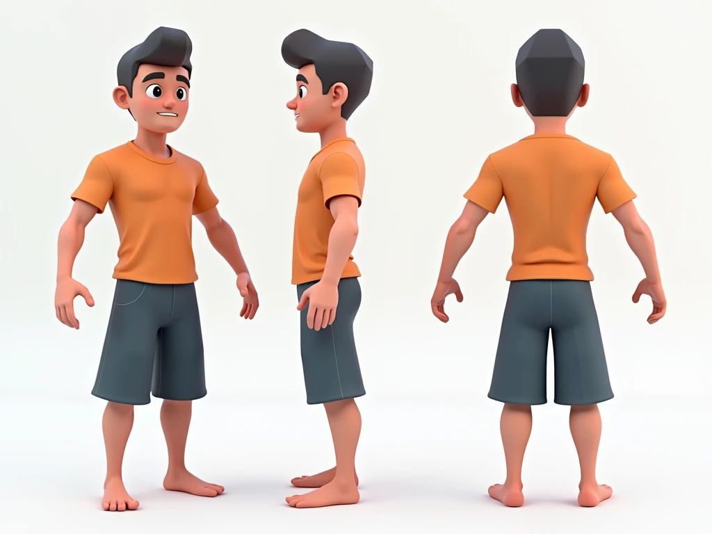 Create a photorealistic 3D image of a 40-year-old man with black hair and a neutral expression, wearing a red t-shirt, gray pants, and sports shoes. The character should have a Pixar-inspired look, shown in both front and side poses."