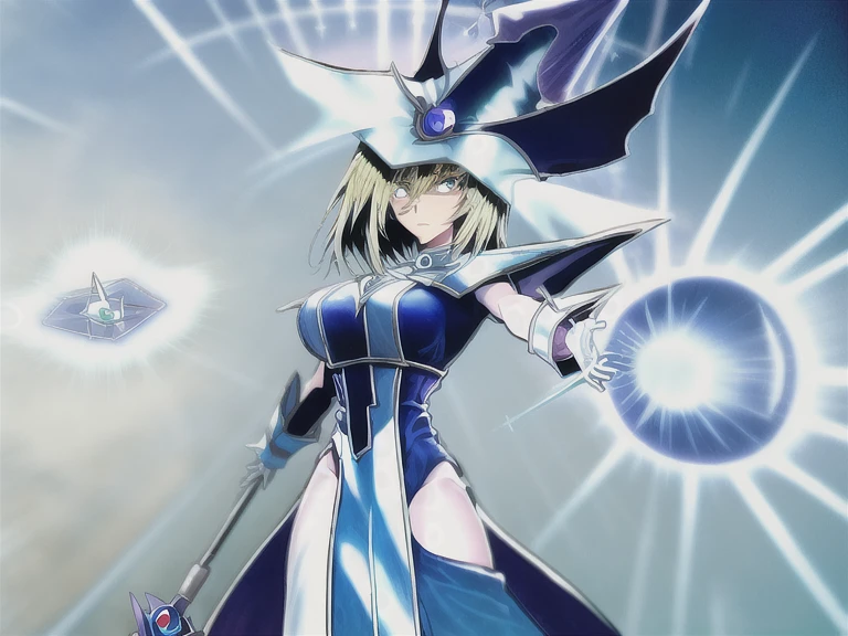 {{masterpiece, ultra-high quality, professionally detailed, professionally shaded}} Silent Magician, Blue and White robe, Wizard's staff, large breasts, fancy hat, magic ritual circle, Casting a powerful defensive magic, holding of an invading army, lone spellcaster against army