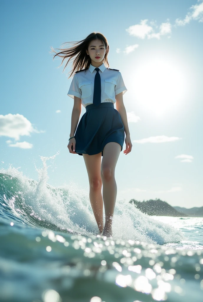 (8K、Raw photography、top-quality、masterpiece:1.2)、ultra-detailliert、Live-action girl、Beautiful sunset seascape、Rear view of girl jumping towards the sea in Japan realistic high school girl uniform、White realistic Japan schoolgirl blouse、Japan realistic uniform skirt、Raw video、People Dancing on the Sea Surface