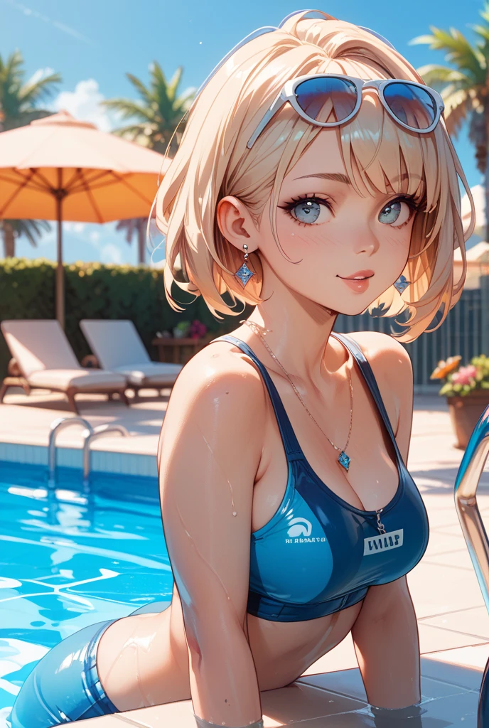 Inside the closed pool rooms,luminal space,one 20years old woman,blonde short hair,sitting on the pool side,
