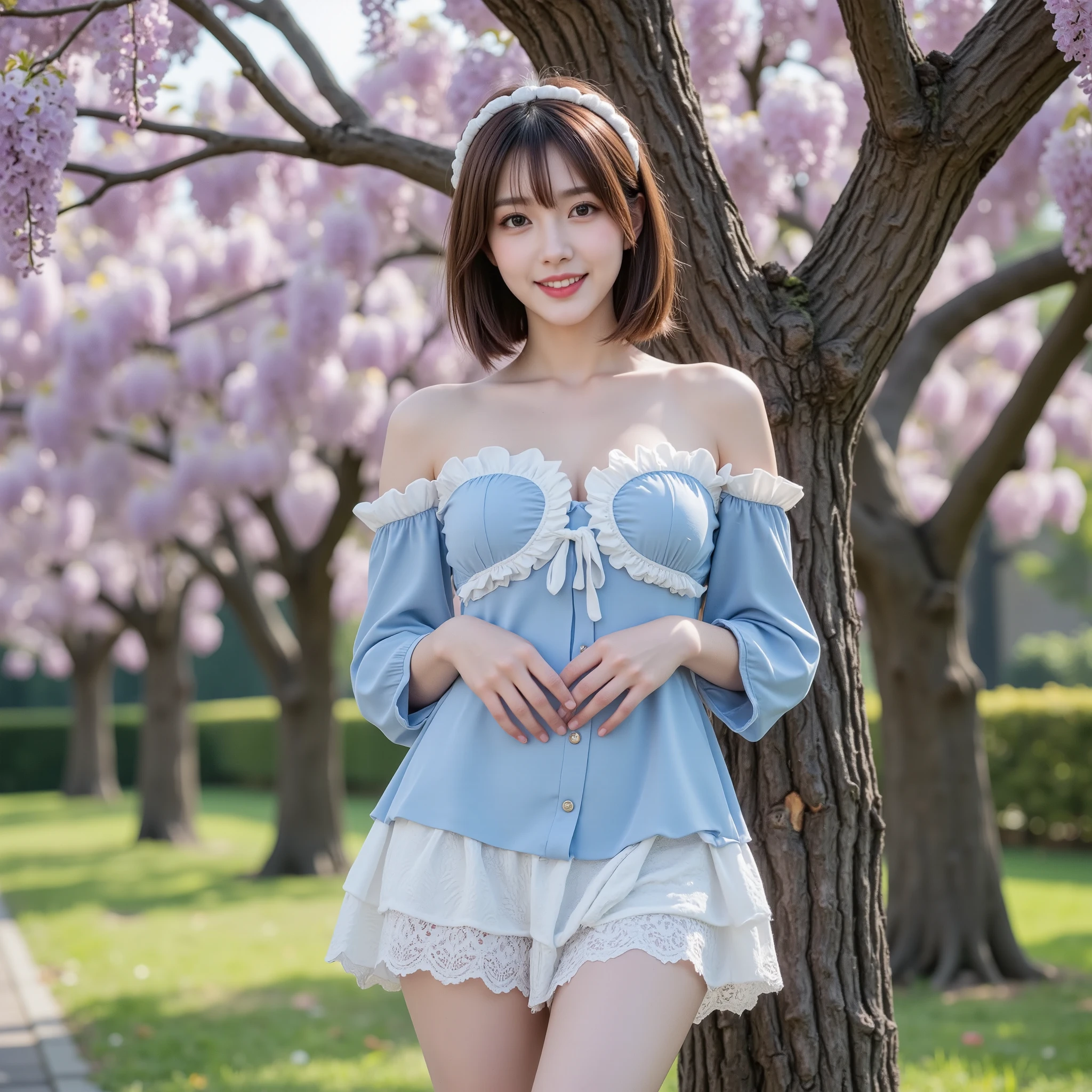 (nsfw), sexy stylish Swedish model, only 1 female, ((doll-like appearance)), short Auburn stylish hair, shiny Victorian-Style boots, (big smile), ultra detailed eyes, vivid eye makeup, lipgloss, long lashes, defined eyebrows, (small naked breasts), ((sexy Paradise Kiss cosplay)), (naked aroused open pussy), bell-shaped skirt, petticoats, high neckline, puffed sleeves, ((ultra detailed lace)), ((ultra detailed embroidery)), intricate details, Paradise Kiss accessoires and matching headpiece, choker, ((large sparkling Paradise Kiss jewelry)), cinematic light, detailed large park background with trees