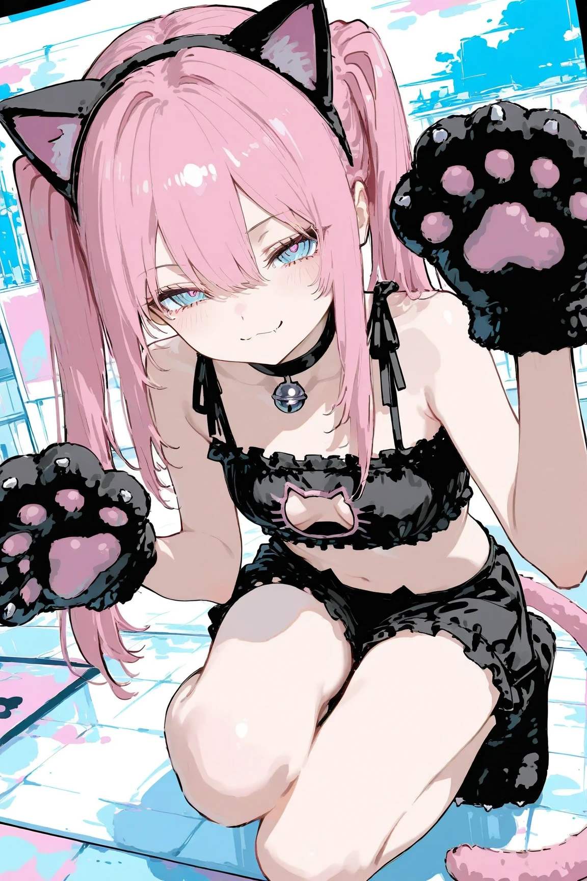 Girls with pink hair, long double-tailed hairstyle, ((small pink bushy eyebrows)), wearing lolita clothing, shorts, marked ??????, lolicon (Zankuro) drawing style by zankuro artist, Zancro style, image uploaded to R34, flirty smile, take a selfie from below, close-up, (( showing pubes )) in street ((grabbing breast each other))