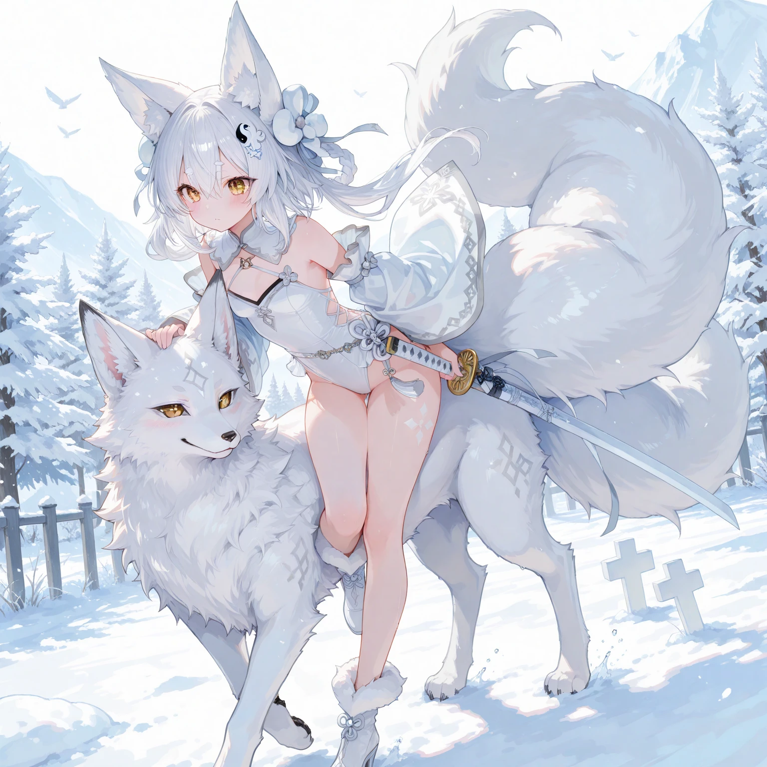 character with silvery white hair, with a slightly sensual pose. The character should have large breasts and the legs should also be very apparent. 
The character's hair sways slightly in the breeze.
The character's breasts sway softly as she breathes.
Young beauty spirit.
In the background, a pine forest lightly covered by snow.