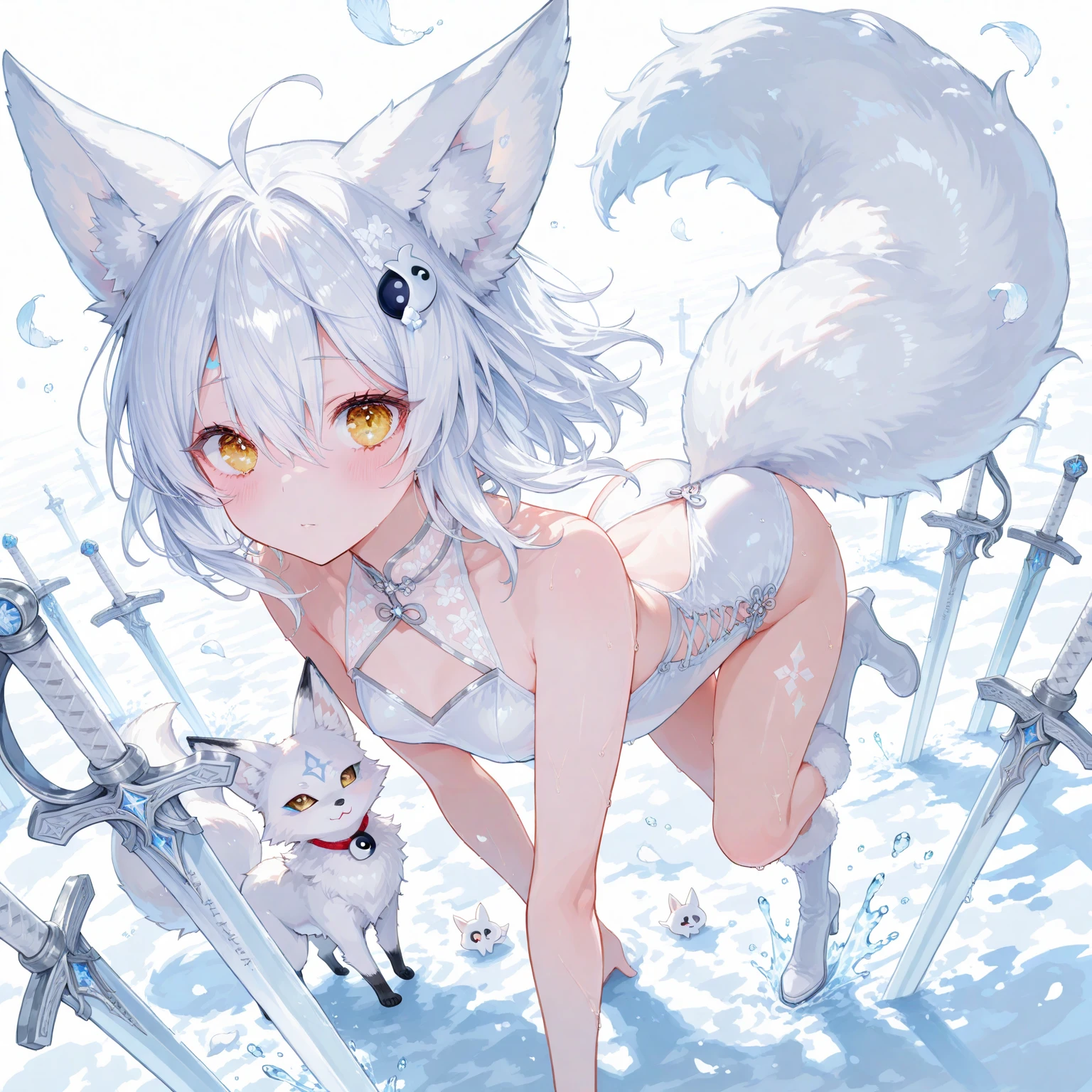 (masterpiece:1.2), (highest quality:1.2), perfect eyes, perfect face, perfect lighting, middle ages, room, 1girl,　aqua eye, ((((((hair over one eye,)))))), Braidスタイル, spike hair, dull bangs, black_bob hair, Braid, Ahoge, robe ((((Transparent white bikini armor)))), Thighhighs, cute eyes, Medium chest, bright, (open_legs:1.3), open your mouth, vivid description,orgasm, I was scared, (abs:0.6) Ahegao, smile+Happy, tooth, anger, sitting,creining,apart_legs,wolf_ears,fang,wolf_tail,crotch,groin,