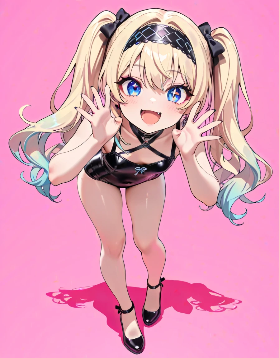 1girl, gloves, blue eyes, blonde hair, leotard, fingerless gloves, sleeveless turtleneck leotard, squatting, elbow gloves, breasts, highleg leotard, small breasts, highleg, black gloves, blue leotard, bangs, halo, thigh strap, boots, white background, covered navel, solo, thighhighs, ((bunny pose)), looking at viewer, armpits, simple background, maid headdress, high heels, arms up, blush, spread legs, open mouth, blunt bangs, hair bun, thigh boots, ribbon, bare shoulders, blue ribbon, hair ribbon, skin tight, full body
