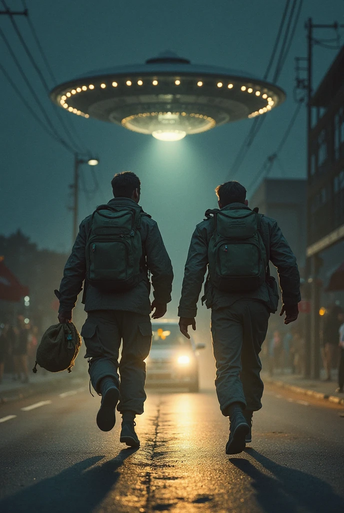 Aliens ship hover on green earth with dark people walking on the earth
