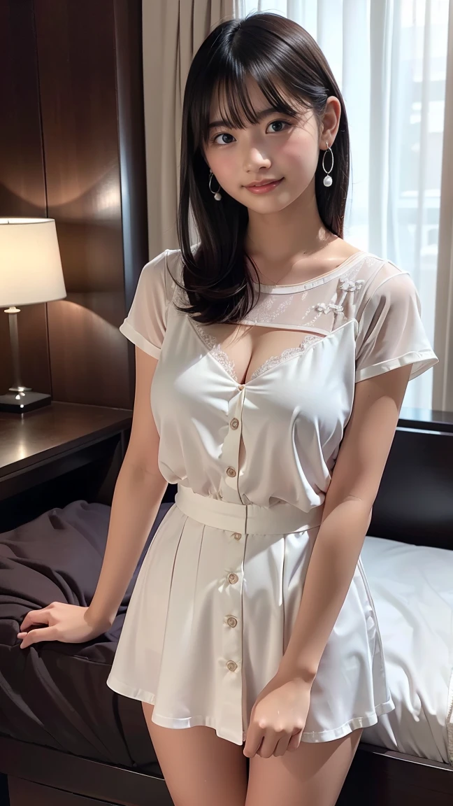 masterpiece、Top image quality:1.2、((beautiful young woman with))、Transparent skin:1.2、{A slight smil}、(kawaii)、Transparent short sleeve knit:1.2、luxury hotel、depth of fields、Sharp Focus:1.5、Fine details、The chest is sheer