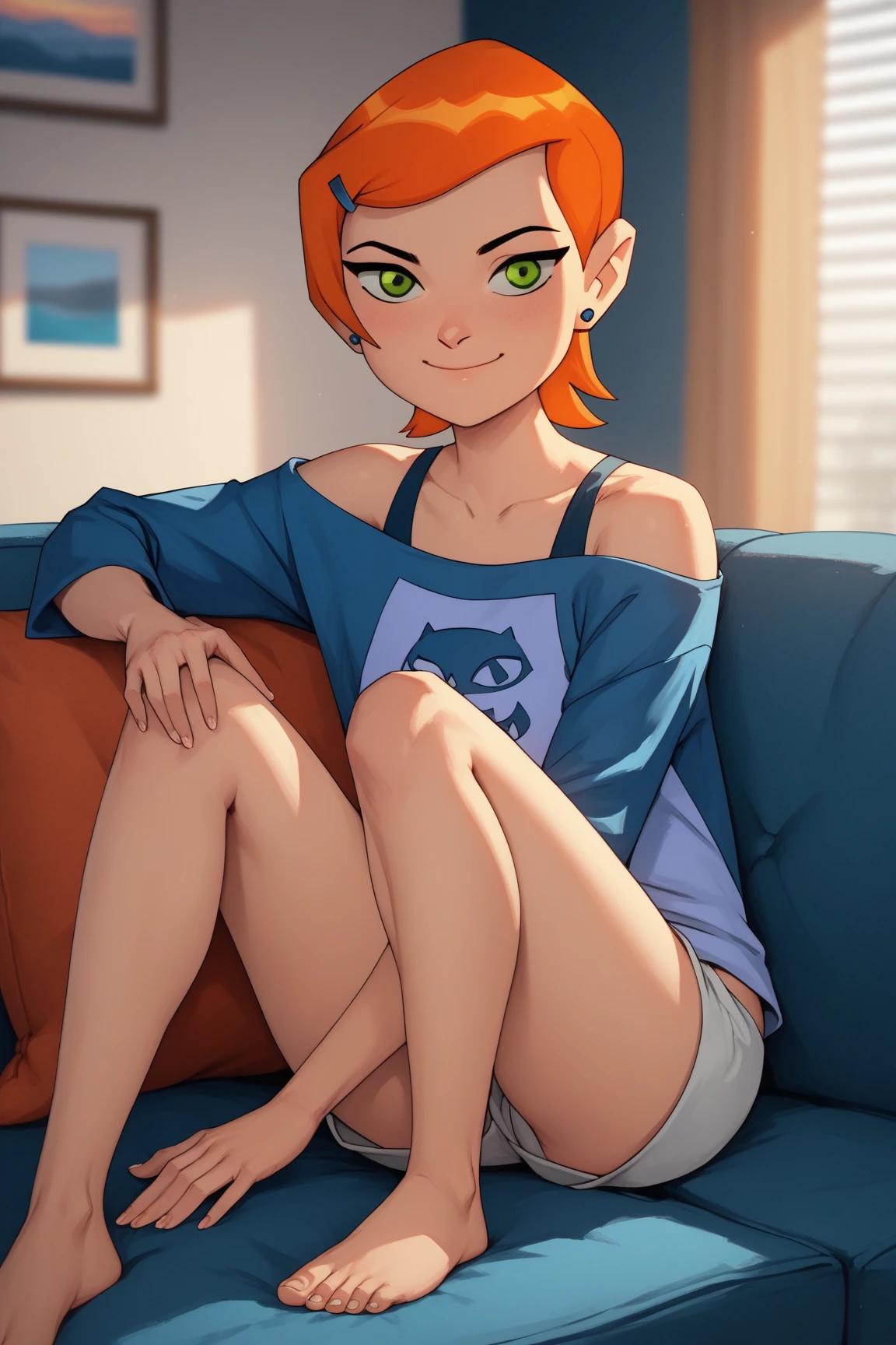 Create a full-body portrait in a masterful digital art style. The subject is a woman in her thirties, with short ginger hair, showcasing a vividly detailed, heavily freckled face and body. She has a , athletic build with a flat chest and a toned, lithe physique. Dress her in preppy clothing. Have her sitting on a couch in a living room. The artwork should be in 16k resolution, 64 megapixels, with a detailed background. Ensure her expression is a smile, and she is gazing directly into the camera. Apply the rule of thirds for composition and include extreme detail and high resolution. Incorporate subtle bokeh effects (bokeh:2) and backlight for added depth.