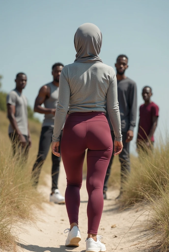 Navy blue headscarf on the beach, grey baggy sweatpants, white long sleeve t shirt, barefoot, Sexy skinny woman bent over.5 black men touching a woman.