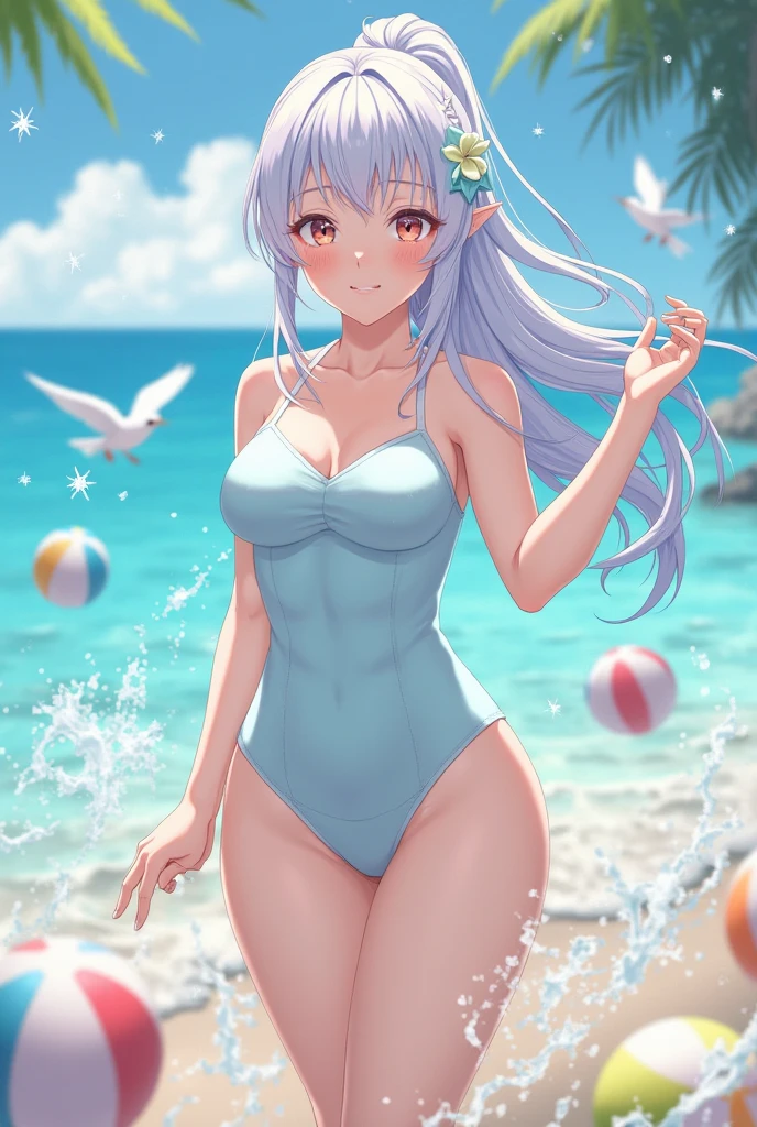 masterpiece, best quality, very aesthetic, absurdres, 1girl, mature_lady, full body, Beach Volleyball, swimming_suit, playing Volleyball,,izumi_sagiri, eromanga_sensei, blue_eyes, grey_hair, white_hair, pink_hair_bow, long_hair, low-tied_long_hair,,on beach, sweat, floating water,sunshine,sky,cloud, outdoors, ,blur background,background defocus,floating hair,