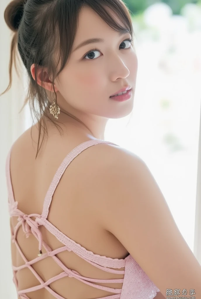 ((Highest quality, 8k, masterpiece: 1.3)), sharp: 1.2, Perfect Body Beauty: 1.4, ((Layered Hairstyles, Small breasts: 1.0)), bed, ((Small face)), ((Her bra is floating and her nipples are visible)), (((ponytail))), ((Colorful necklace)), Colorful earrings, Colorful rings, Colorful bracelets, (Colorful hair accessories), ((Dress decorated with lace)), ((Sheer dress)), ((Pink glitter dress)), (Pink dress with lace pattern on the chest), ((Beautiful young teenager woman)), ((Straight nose)), (Eyeliner), Armpit Hair, Bristles, ((Beautiful Skin)), Feminine curvaceous figure, (((Spread your legs and increase the depiction of your crotch))), Wavy Hair, Beautiful attention to detail, Super detailed, Highly detailed face and skin texture, fine grain, double eyelid, Black Hair, Big Ass, Lower Body, Thighs, (((Skinny))), Wet and shiny lips, smile, Blushing, Get a grip on your body, ((Anatomically correct human body)), ((Crisp body shape)), Protruding skeleton, Raised hair, A face without nasolabial folds, Leaning back
