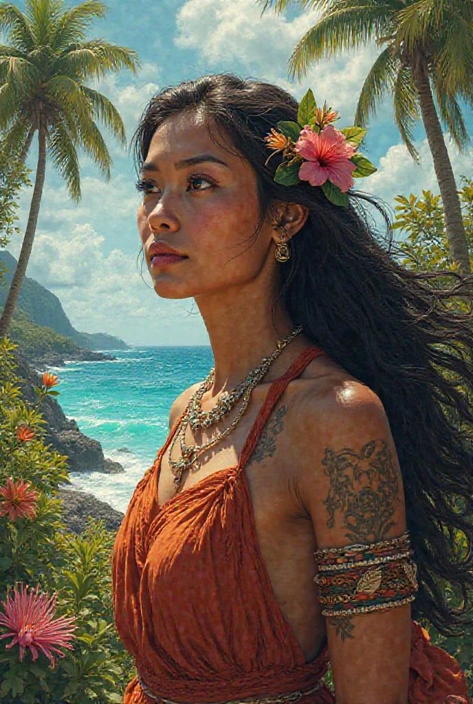 movie poster, portrait photo of an (Polynesian woman:1.2), (moana:1.2), (seashell bikini:1.2), (water goddess:1.2), tribal tattoos, (wading:1.2) in the pacific (ocean:1.1), arms behind head, (partially submerged shot:1.4), (waves:0.9), desert island background, palm trees, beach, fluffy clouds in the sky, outrun, vaporware, trending on artstation, highly detailed, fine detail, intricate, (lens flare:0.9), (backlighting:0.9), (bloom:0.9), [Style-Micro::20], plants in foreground