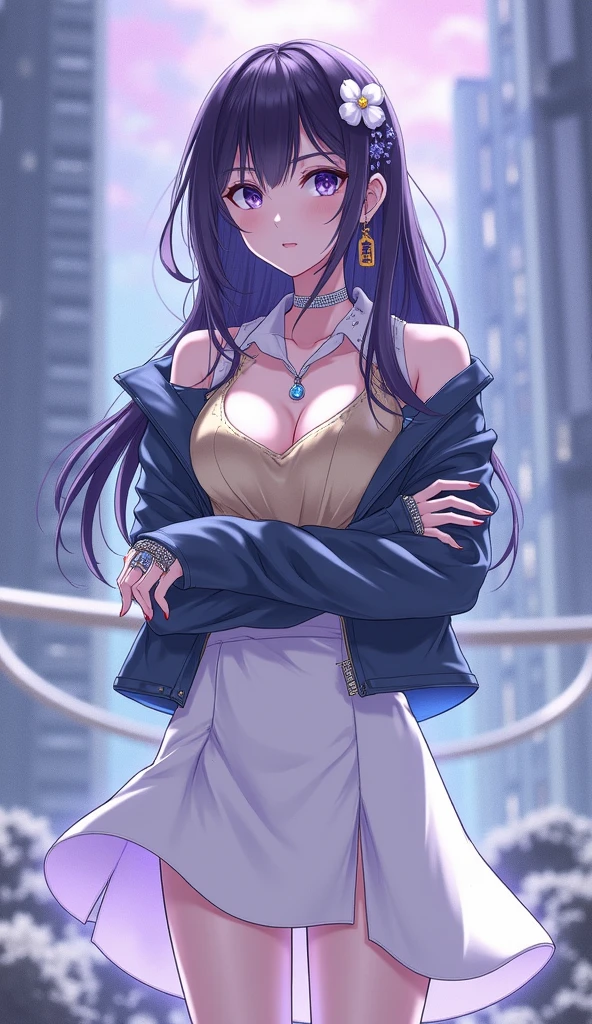 (masterpiece:1.37), best quality, (extremely detailed:1.37), woman, (very long hair:1.5), dark purple hair, purple eyes, (extremely detailed eyes:1.37), (wetting self:1.25), large breasts, stylish jacket, multicolored jackt, jeans, cleavage, navel, city, high-tech, street