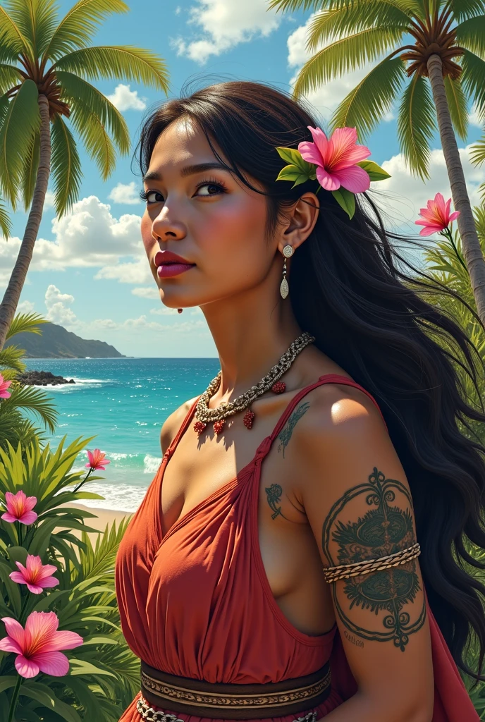 Beautiful picture of fade_valorant sitting on the beach enjoying the view, bikini, sitting on a rock, sunset, shoulders tattoo of a bear paw