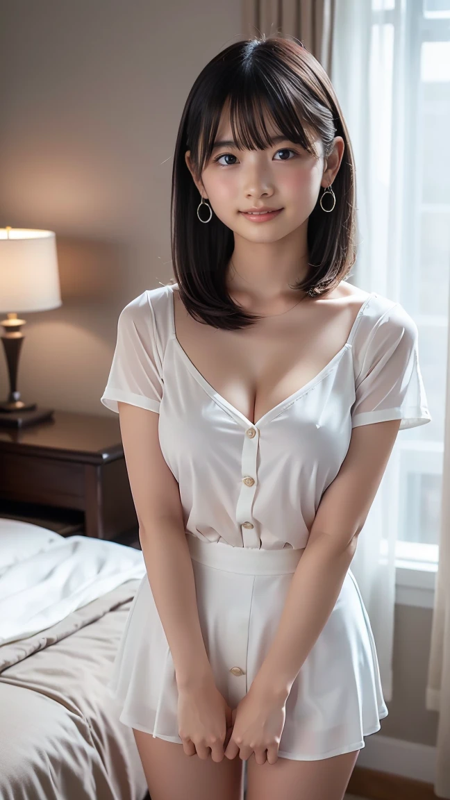 ((highest quality, 8k, masterpiece: 1.3)), 1 Female, The beauty of slim abs: 1.3, (Hairstyle Casual, Big ample breasts: 1.2), Wet Skin, Ultra-fine face, Detailed eyes, double eyelid, smile, Formal shirt, Exposing cleavage, gigantic breasts: 1.3, cleavage: 1.3, Armpits,Leaning,forward, Black Hair,Tight bare legs, Full body description,White skin,mini skirt: 1.3,Girl with perfect body，Long Hair，Inside the room，Fair skin