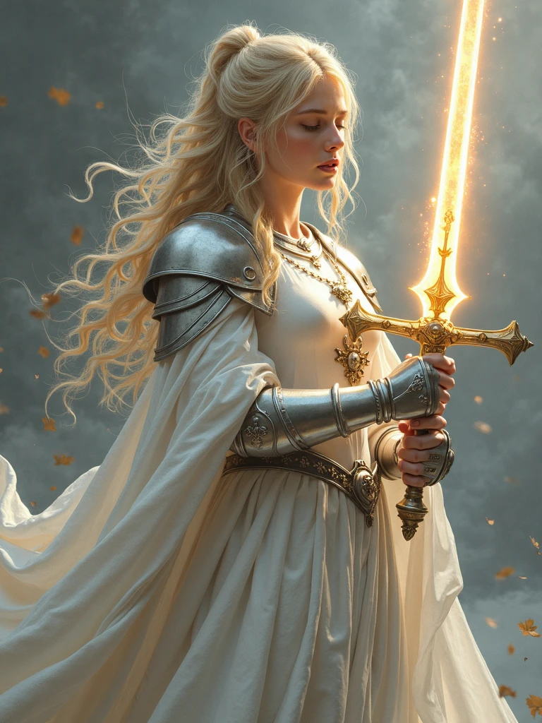 A noble female knight with a white dress and radiant silver armor ...