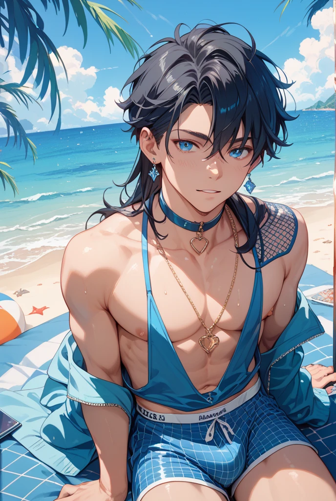 A stunning animie male with Black hair. His eyes are practically covered with his hair. His eyes are two diffrent colors, one blue, one purple. He is on the beach walking around shirtless