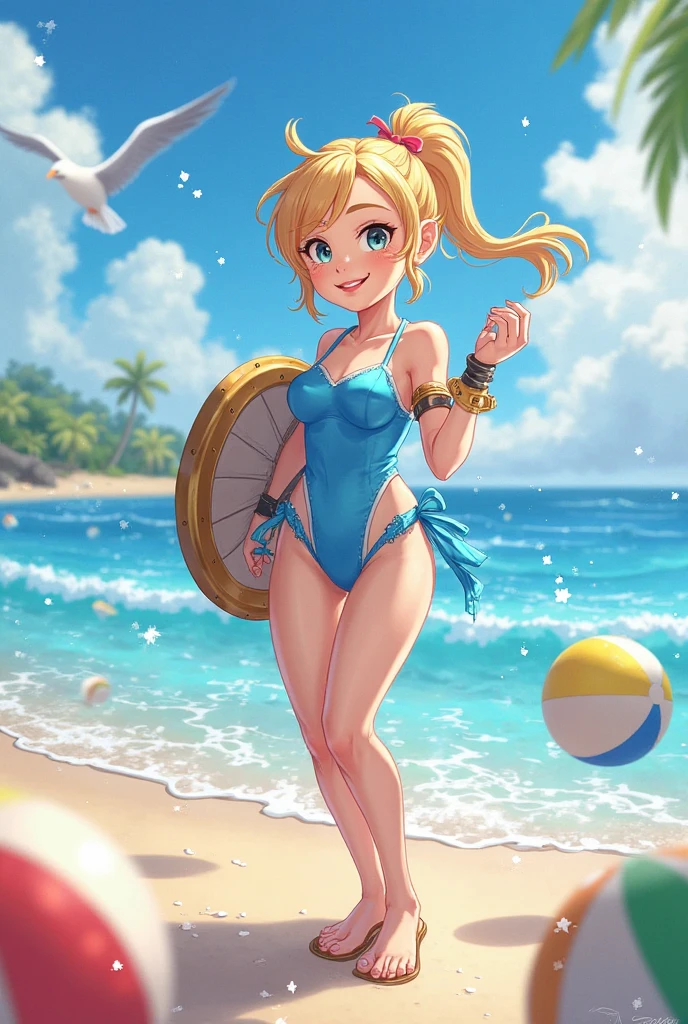 Candy Bandit, Candy Bandit Style, masterpiece, best quality, colorful, sharp focus,1girl, waist up, brown eyes, smile, lips, short blonde hair, closed mouth, ((from behind)), ass, wide hips, wearing a floral pattern dress, full length dress, background: beach with cliffs and blue sky, clouds , solo, <lora:Candy Bandit-Style [Cont 15]-000007:1>
