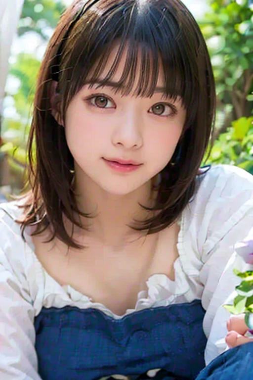 ((((masterpiece, best quality, high resolution)))), Extremely detailed 8K, Beautiful girl with voluptuous body, (Ultra HD, Ultra-detailed, Highly detailed, Highly realistic, Ultra-realistic, photograph realistic), (1girl:1.5), (Realistic white hair), short wavy black hair, bob cut, (dynamic poses), facing at camera, light smile, purple eyes, average breasts, (beautiful detailed face, beautiful detailed eyes), (white tank top, thin material), cleavage, dark jean shorts, glow, sweat, (sunbeam, sunlight)、Fishnet tights
