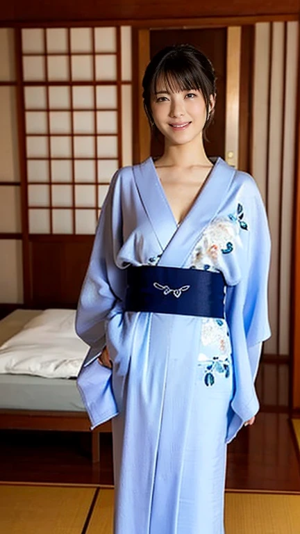 neat college girl、petite person、Outside the field、(Slimed、small tit、flat boobs、small tit)、Photorealsitic、detaileds, Skin Texture, ultra-detailliert、Delicate and sexy collarbone、A smile、Super Detailed Face、Detailed lips、A detailed eye、二重まぶた、White panties are visible from the skirt、((is standing、Summer yukata、slightly lift the hem of the skirt with both hands,,,))、Shorthair with bangs、Straight bob hair、