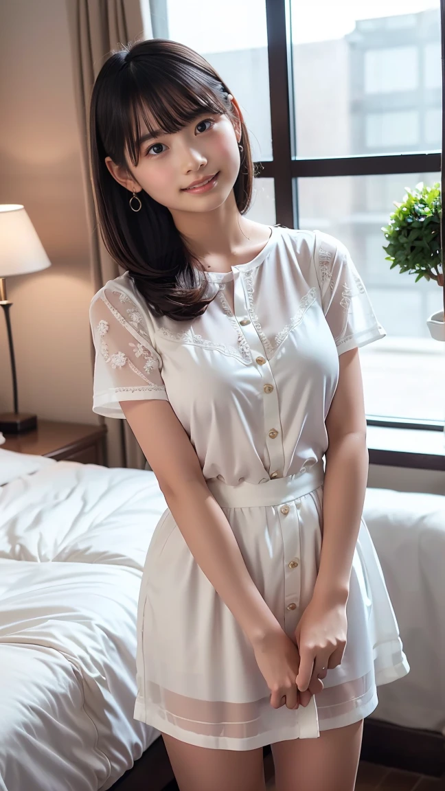 (8k、top-quality、masterpiece:1.2)、(realisitic、Photorealsitic:1.37)、ultra-detailliert、 1 人、cute little、独奏、Beautiful detailed sky、Detailed Cafe、natta、sitting on、date、(Nasal blush)、 (a smile:1.5)、(a closed mouth)small tits、Fine and beautiful eyes、(shirt with collar:1.1)、natta、Wet、Transaction service、Sateen、White lace、(short-hair:1.2)、Float NovaFrogStyle、