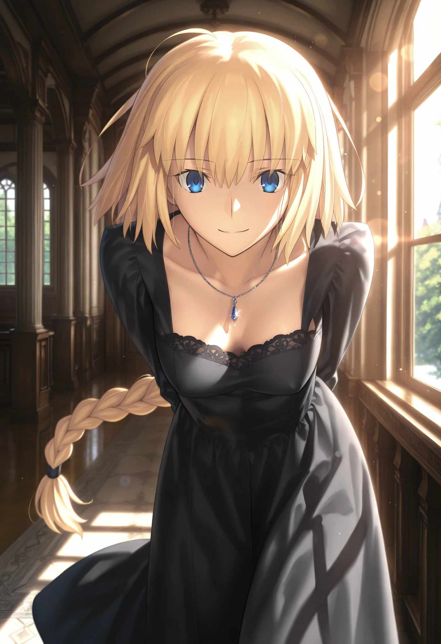 masterpiece, , absurdres, highres, detailed background, high resolution, masterpiece, necessary, detail, best quality, quality, necessary, details, High details, Precise, indoors, (dappled sunlight), european architecture, day, lens flare, blurry background, from above, ,solo,
1girl, , Takeuchi Takashi (type-moon,tsukihime) style, takeuchi takashi style, ((leaning forward, arms behind back)), light smile ,necklace,
tall girl, mature, jeanne d arc, \(fgo\), blue eyes, , jeanne d arc, blonde hair, medium hair, ( floating hair ), (black lace dress), big braid, single braid, small breasts, looking at viewer, ,