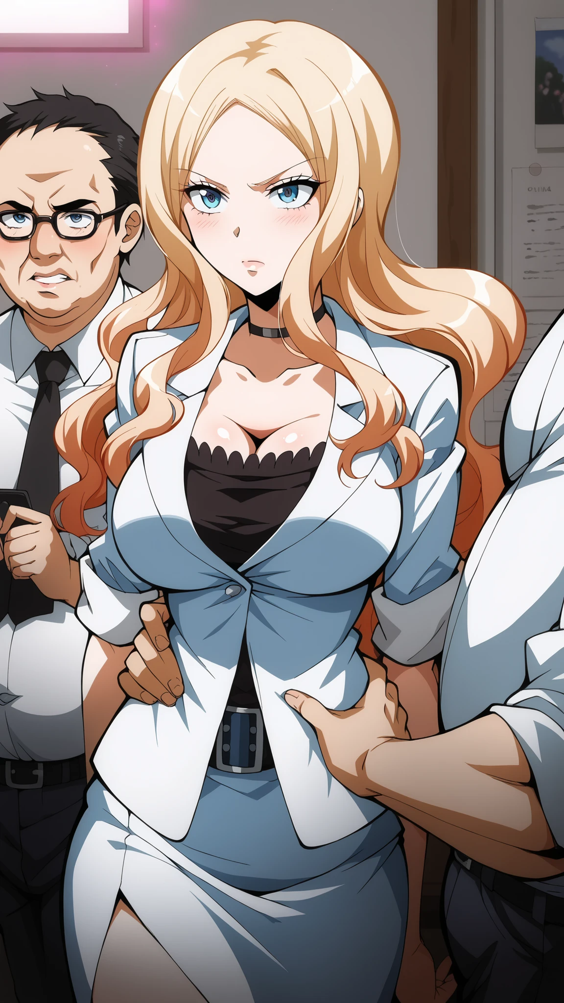 score_9, score_8_up , score_7_up , score_6_up , score_5_up , score_4_up , source_anime, Masterpiece, top quality, 8k, Aairina , lon g hair, parted bangs, blue eyes, breasts, choker, cleavage, suit, black shirt, white jacket, sleeves rolled up , white skirt,(Big Breasts)、 RAW Photo, professional photography, portraits, Soft light, professional lighting , Backlight, refined , film grain, ( eye and face details:1.0), Short floating hair, beautiful, flowing hair ,Time is night、( love hotel room:1.5)、( pink lights:1.5)、 Dynamic Poses , dynamic angle,((Fat fat middle aged man standing beside a woman 、 Fat fat middle aged man is putting his hand around a woman's waist、1 male、 female 1 person))) 、Men have vulgar faces、( Darkness:1.5),ugly man, fat man,red blush,angry,hand_on _another's_waist, hand on another's hip, standing, side-by-side, hands behind back,