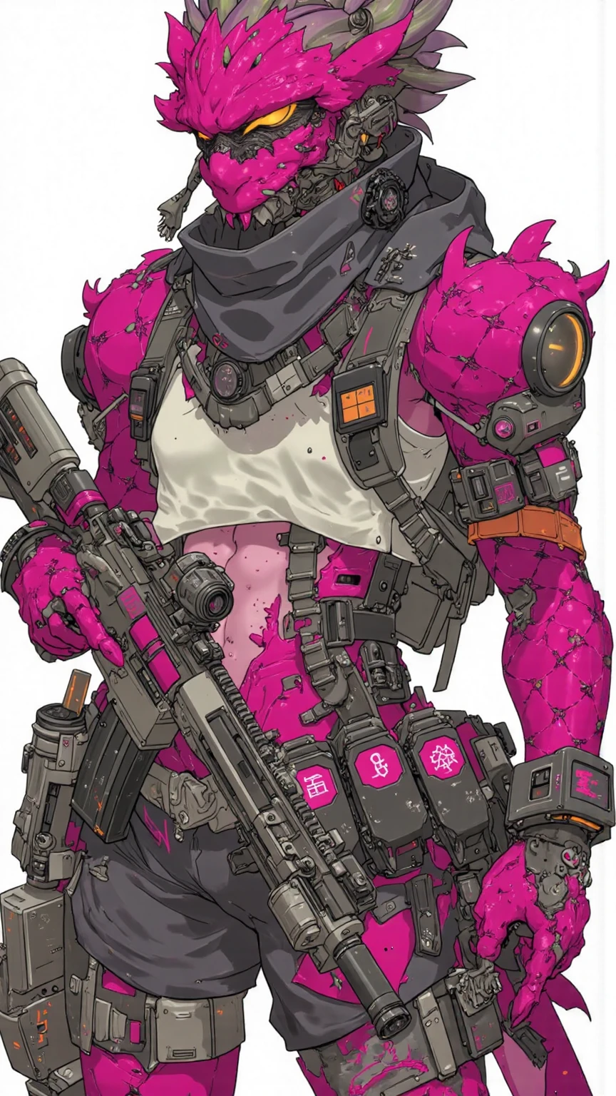 humanoid dragonfruit as a ruthless mercenary, tactical gear techwear, modern assault rifle, vibrant, cartoon style