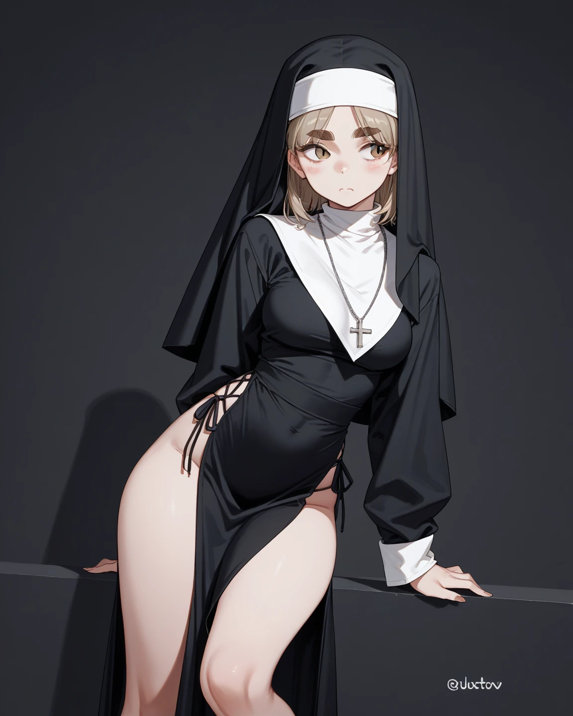 ultra realistic 8 year old, cos , long black hair bangs , nun , melancholic makes you cry , panties garter thong ,Garterbelt long socks , mitts , innocent , standing . Pray , dark church. Gothic style