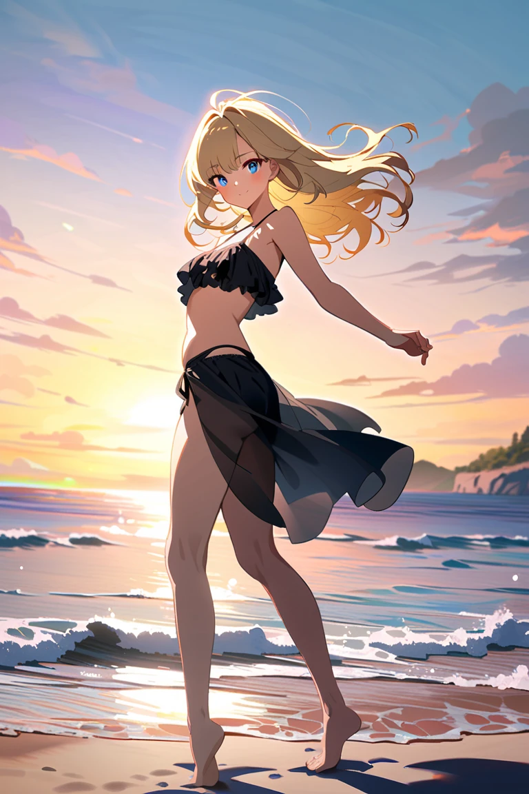 Nami (One Piece), bei einem romantischen Sonnenuntergang, am Strand, der Himmel spiegelt sich im Meer, in einem schwarzen Bikini.