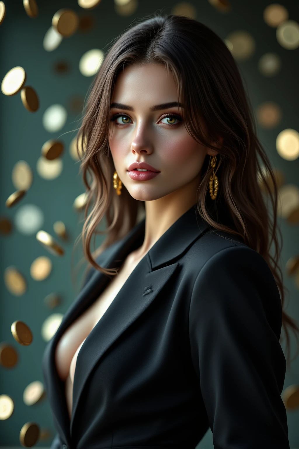 high quality, 8K resolution ,Extremely Detailed,realistic,pictures,HDR,professional lighting,Fine Details,Vivid Colors,Scene showing countless coins falling against a background with a soft bokeh effect. Portrait of a woman in a gorgeous and beautiful suit standing proudly without attracting attention.