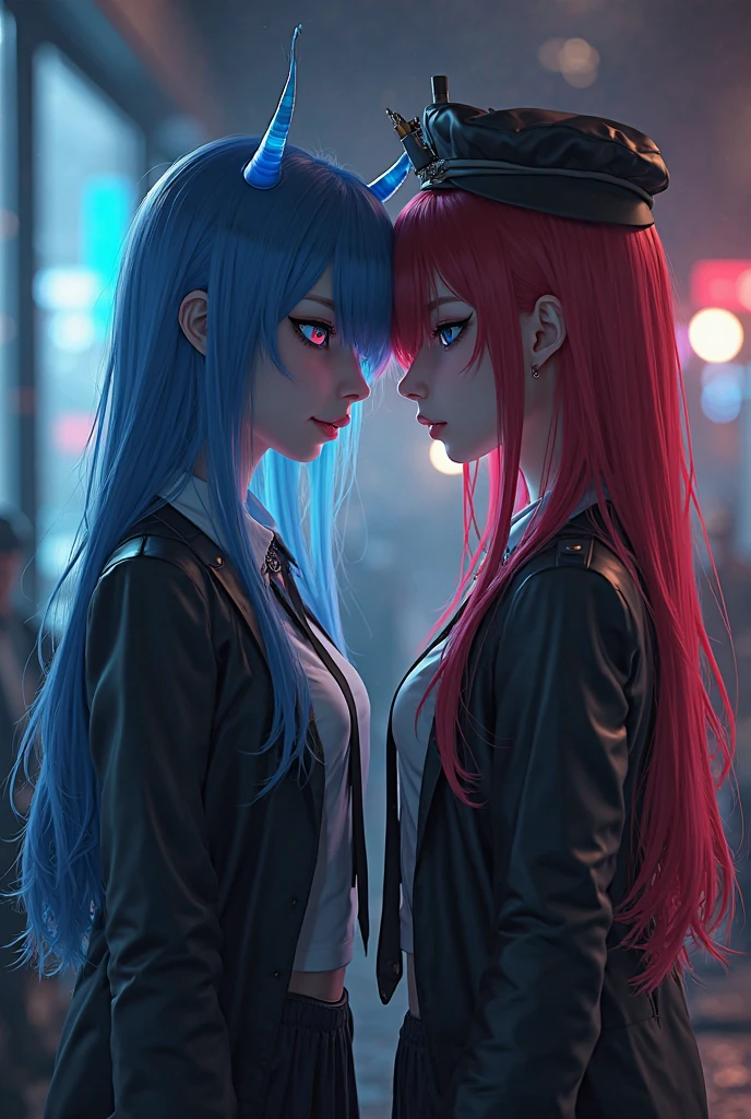 twogirls,A girl with red hair and a girl with blue hair,Two people standing together
