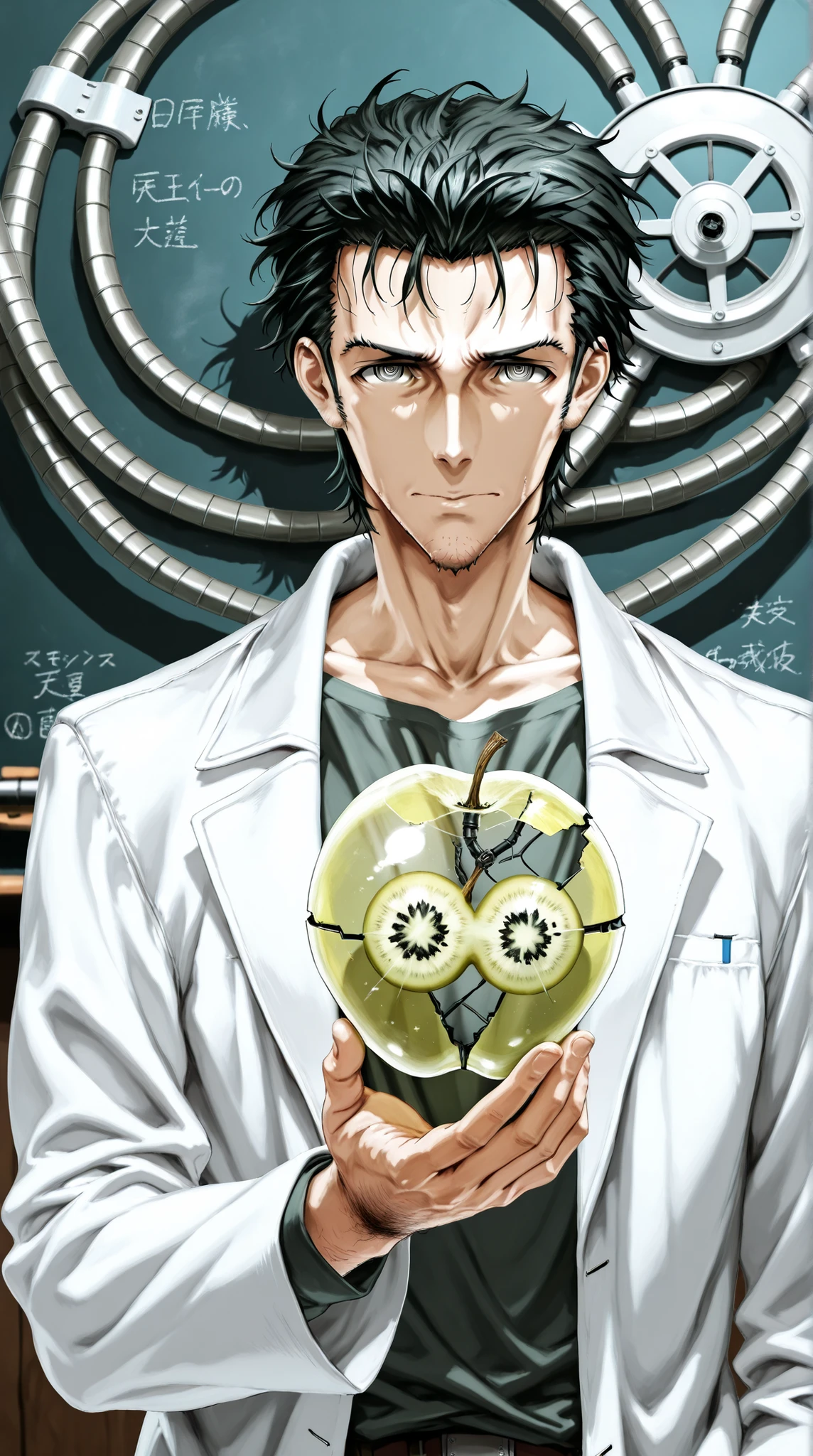 Break,(Steins Gate, Okabe Rintaro:1.2,shirts,white labo coat,male,confident look ),real skin texture ,break,(Newly developed Transparent-Fruit-bomb, The Transparent fruit-shaped bomb with sophisticated mechanical parts inside),Complicated formula on blackboard,break