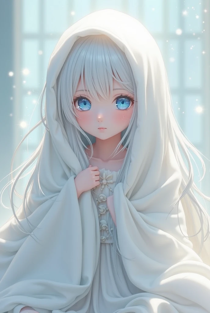 PopMart Blind Box IP, a close-up of a cute, white robe doll, young wanangel style, wearing long and fluent clothes, wlop style, pocelain doll, little people; Unreal Engine 5, Lite 3D/C4D production: 8K HD quality/lighting/ultra-detailed lens depiction 1.5, flawless, chibi background/cinematic.