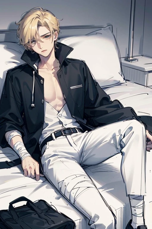 jake gillian, with open white shirt, and black thong underwear, laying in bed full body, blond buzzcut hair