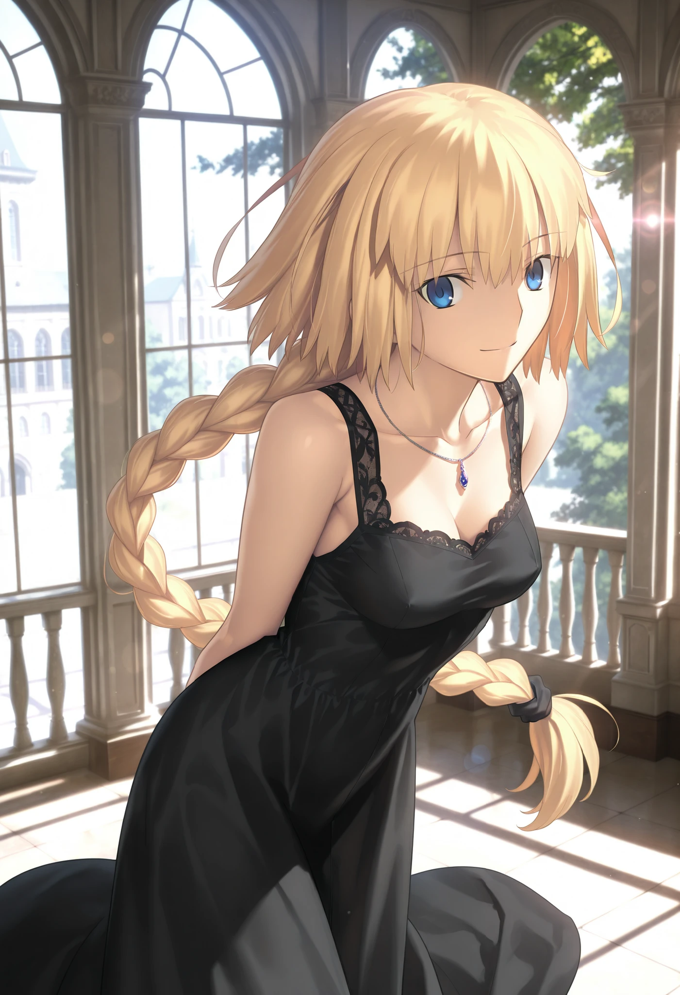 masterpiece, , absurdres, highres, detailed background, high resolution, masterpiece, necessary, detail, best quality, quality, necessary, details, High details, Precise, indoors, (dappled sunlight), european architecture, day, lens flare, blurry background, from above, ,solo,
1girl, , Takeuchi Takashi (type-moon,tsukihime) style, takeuchi takashi style, ((leaning forward, arms behind back)), light smile ,necklace,
tall girl, mature, jeanne d arc, \(fgo\), blue eyes, , jeanne d arc, blonde hair, medium hair, ( floating hair ), (black lace dress), big braid, single braid, small breasts, looking at viewer, ,