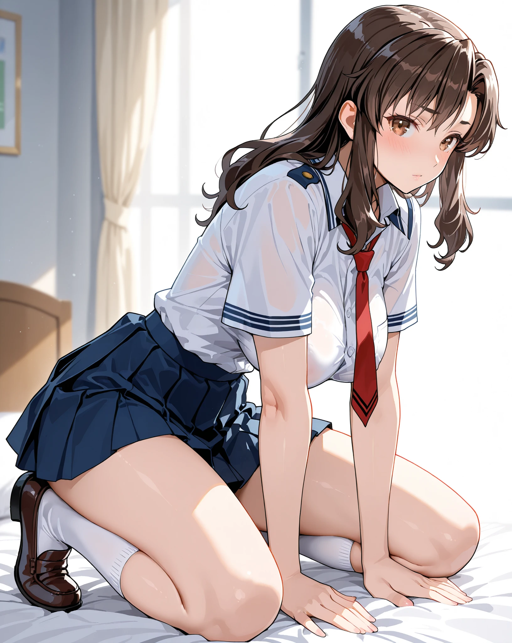 , uniform, missionary sex on desk, into pussy, overflowing semen, brown hair, purple eyes, orgasm face