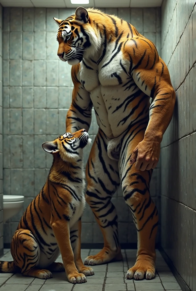 Shirtless muscular anthropomorphic tiger in bathtub man